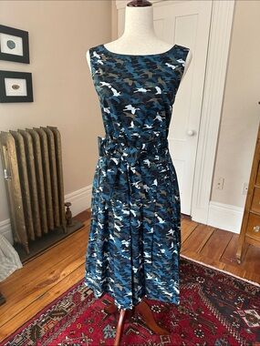 L.L. Bean Signature Collection Blue Duck Camo Sleeveless Mod Dress With Sash